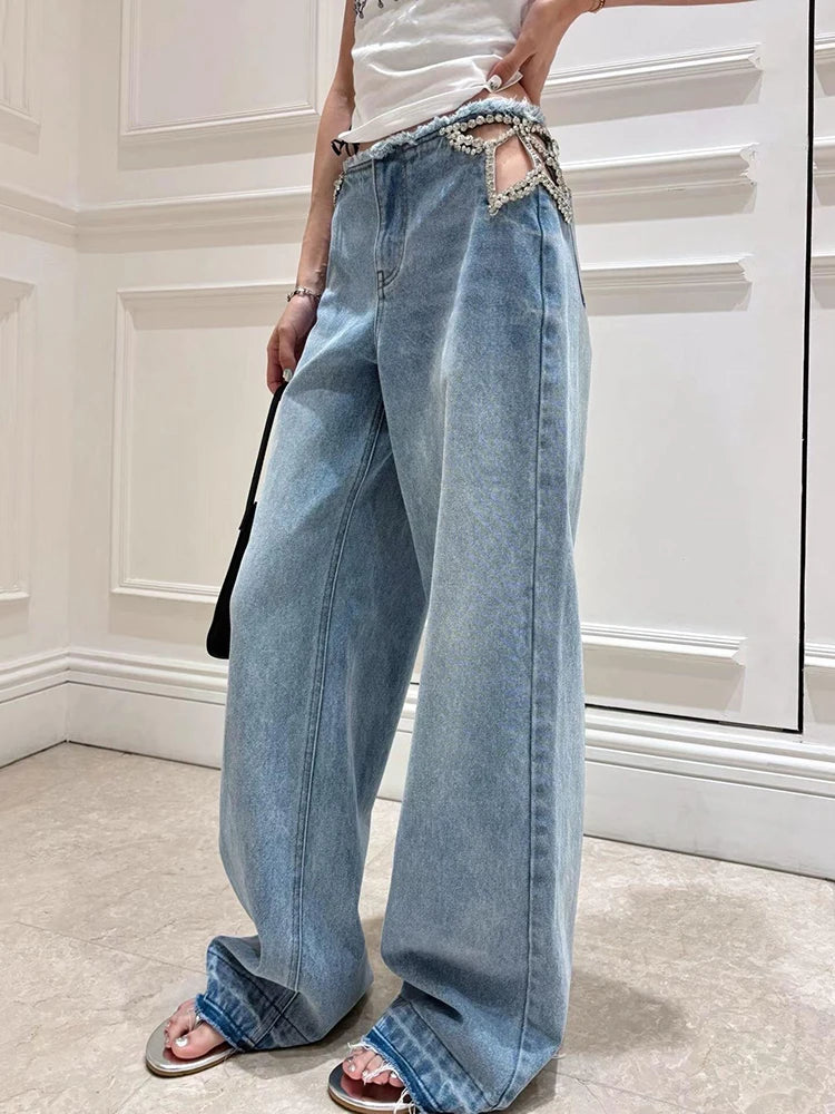 ReddaChic Crystal Embellished Wide Leg Jeans
