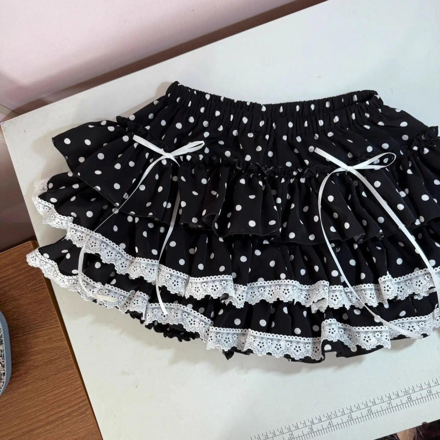 Polka Dot Tiered Ruffle Lace Trim Skirt