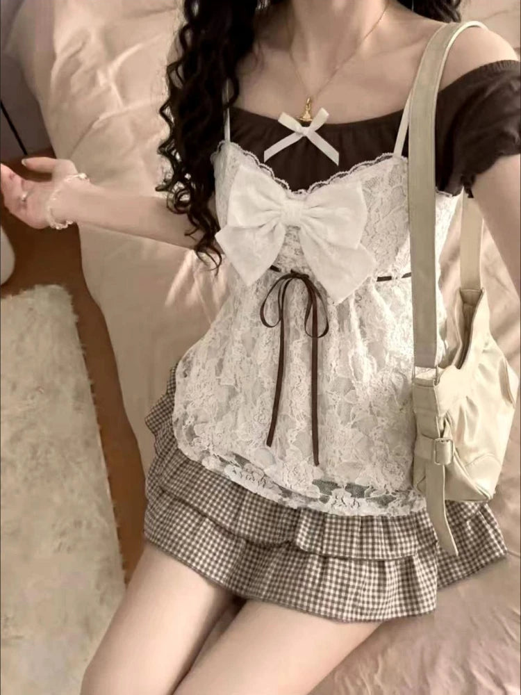 Conjunto de tres piezas de camisola de encaje y manga corta