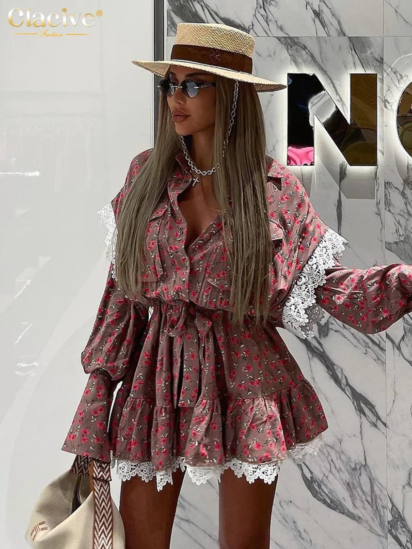 Clacive Vestido holgado con estampado para mujer, elegante vestido de oficina de manga larga con cordones, vestidos casuales con encaje fruncido para mujer