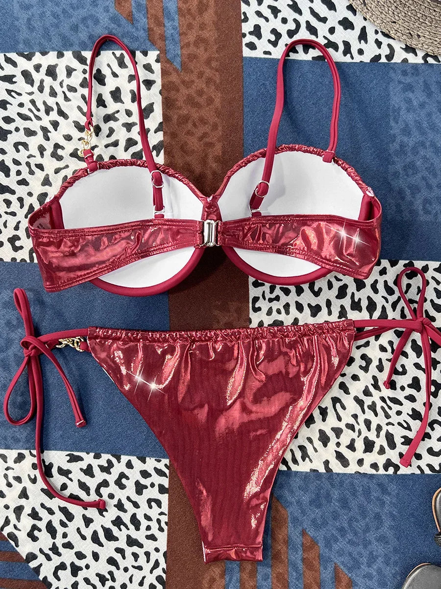 PU Leather Underwired Bra Bikini