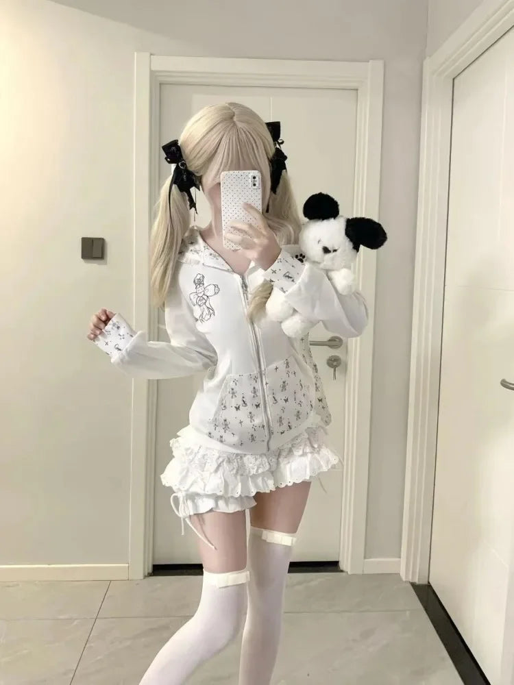 Sudadera de manga larga con capucha de orejas de conejo y encaje + Falda de pastel de cintura alta