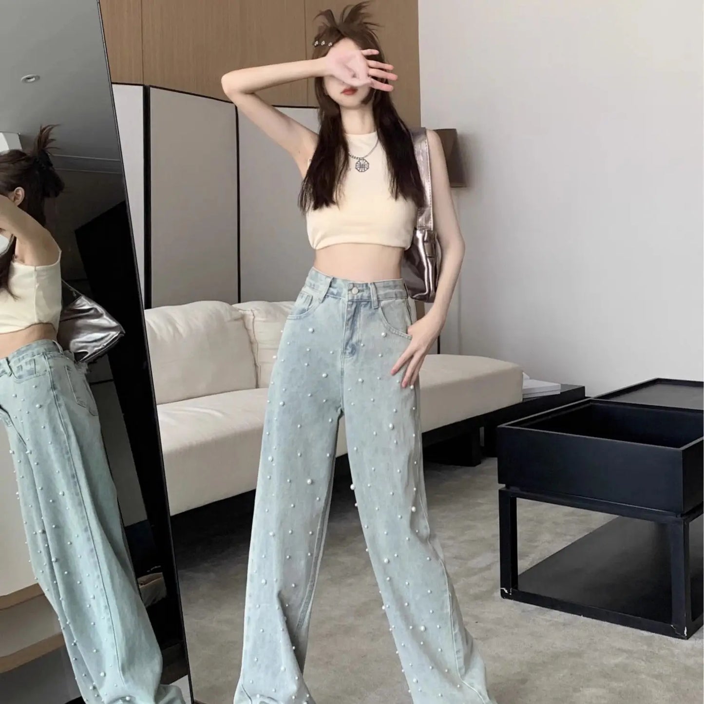 High Waist Straight Blue Beaded Pearls Denim Pants