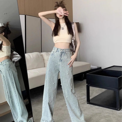 High Waist Straight Blue Beaded Pearls Denim Pants