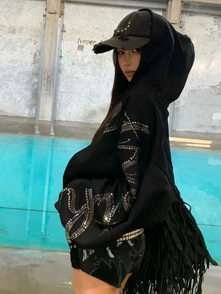 Chaqueta con capucha vintage de streetwear americano para mujer, manga larga, informal, con estampado de letras, estilo Y2k, abrigo retro con cremallera, novedad de otoño de 2025