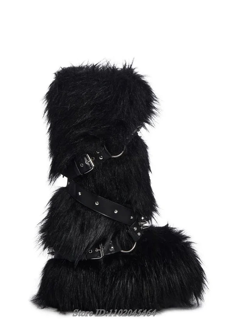 Fur Strappy Knee High Boots