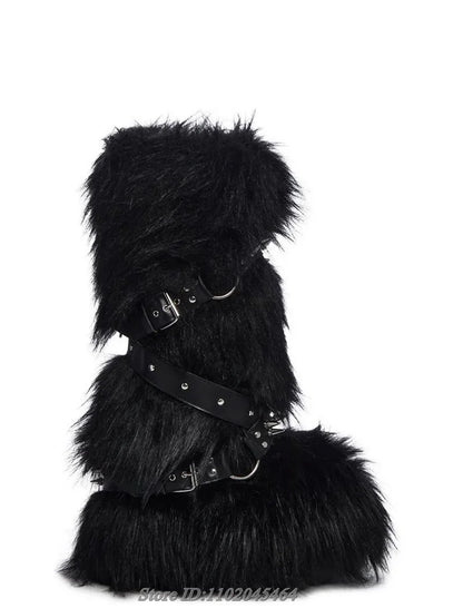 Fur Strappy Knee High Boots