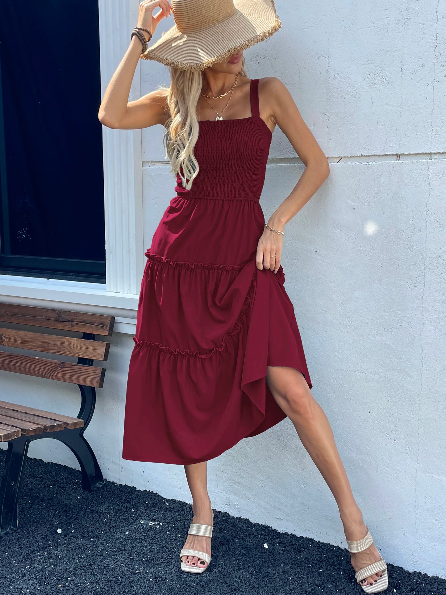 Ruched Bust Ruffle Hem Sleeveless Slip Dress