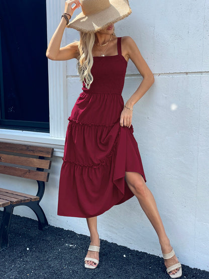 Ruched Bust Ruffle Hem Sleeveless Slip Dress