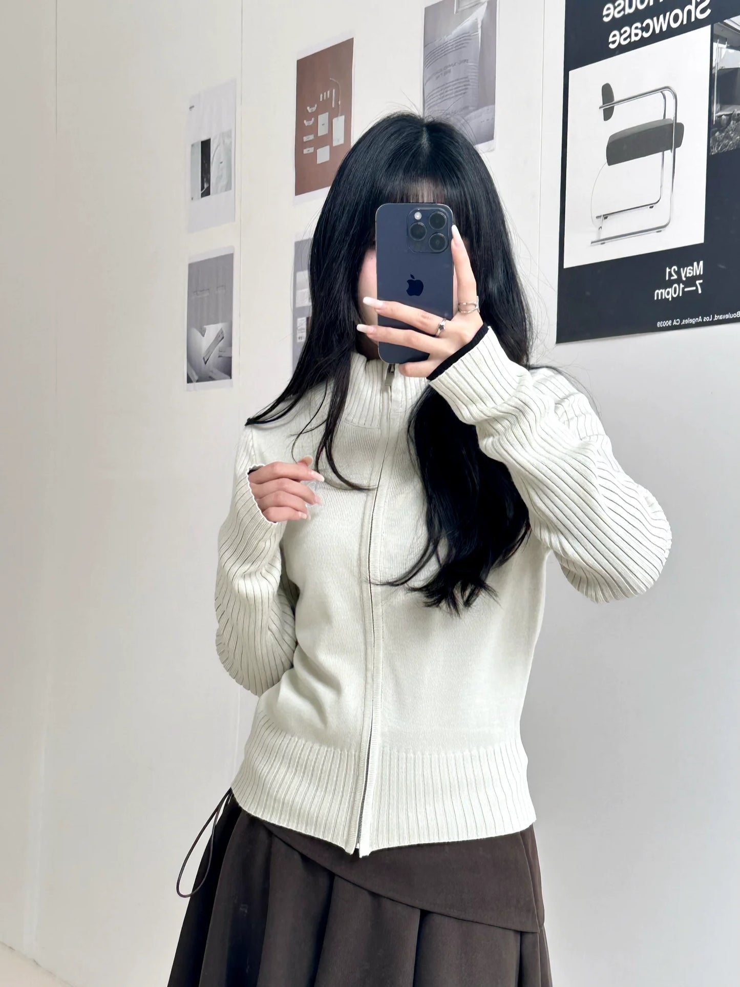 Letter embroidery Print Solid Stand-up collar Zip-up knit jacket