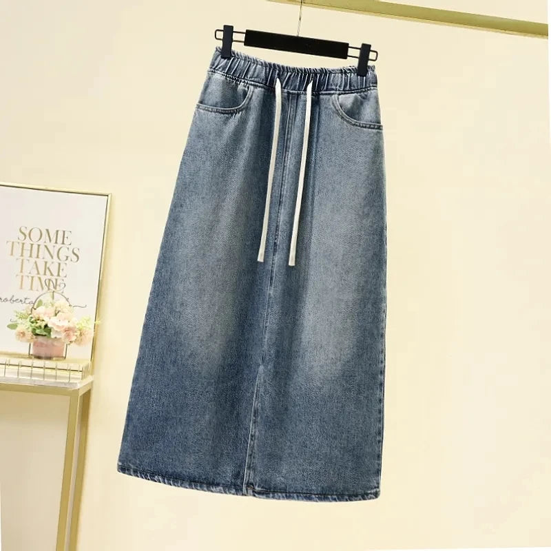 Drawstring Elastic Waist Split Denim Skirt