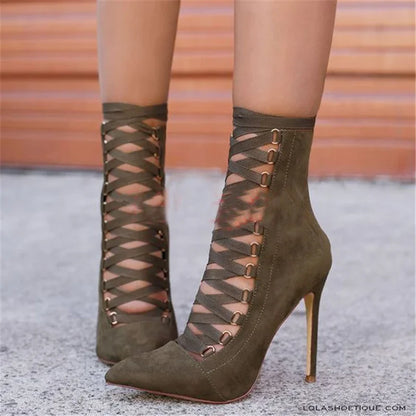 Flock Lace Up Thin High Heels