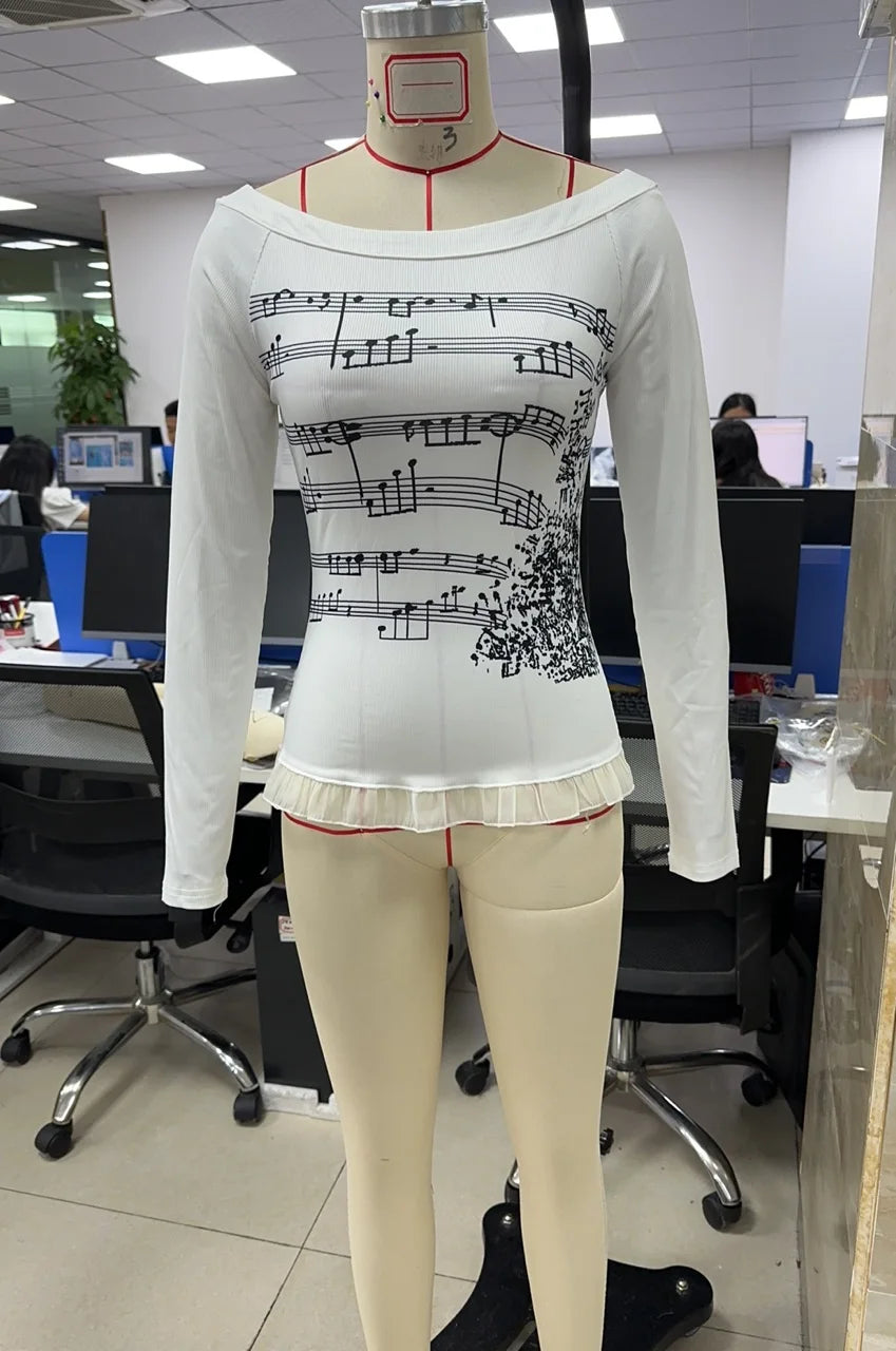 Ropa Urbana Mujer Grunge Punk Años 2000 Estampado Camisetas Blancas Manga Larga Ajustadas Bajo Con Volantes Tops Gráficos Lindos de Hadas