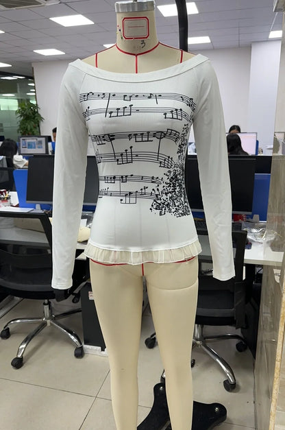 Ropa Urbana Mujer Grunge Punk Años 2000 Estampado Camisetas Blancas Manga Larga Ajustadas Bajo Con Volantes Tops Gráficos Lindos de Hadas
