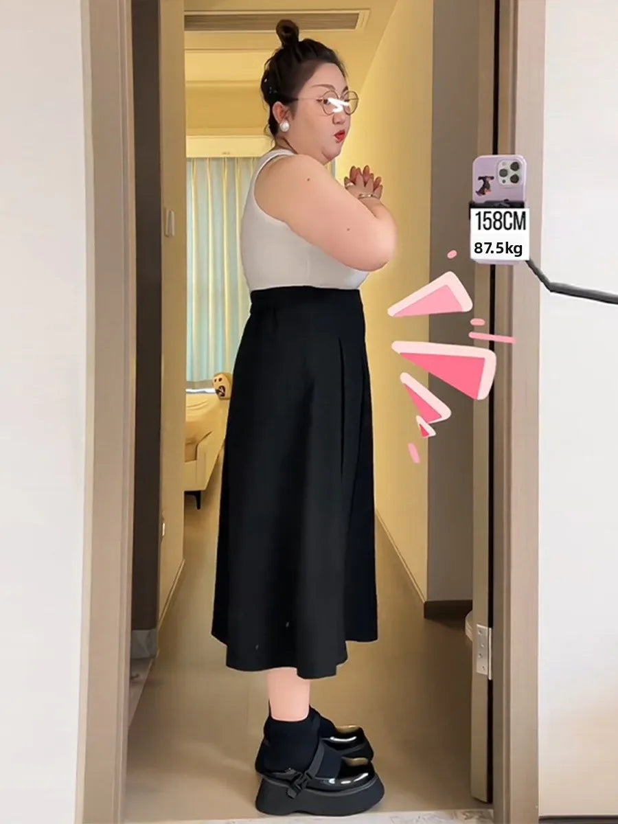 Midi Skirt A-Line Pleated High Waist
