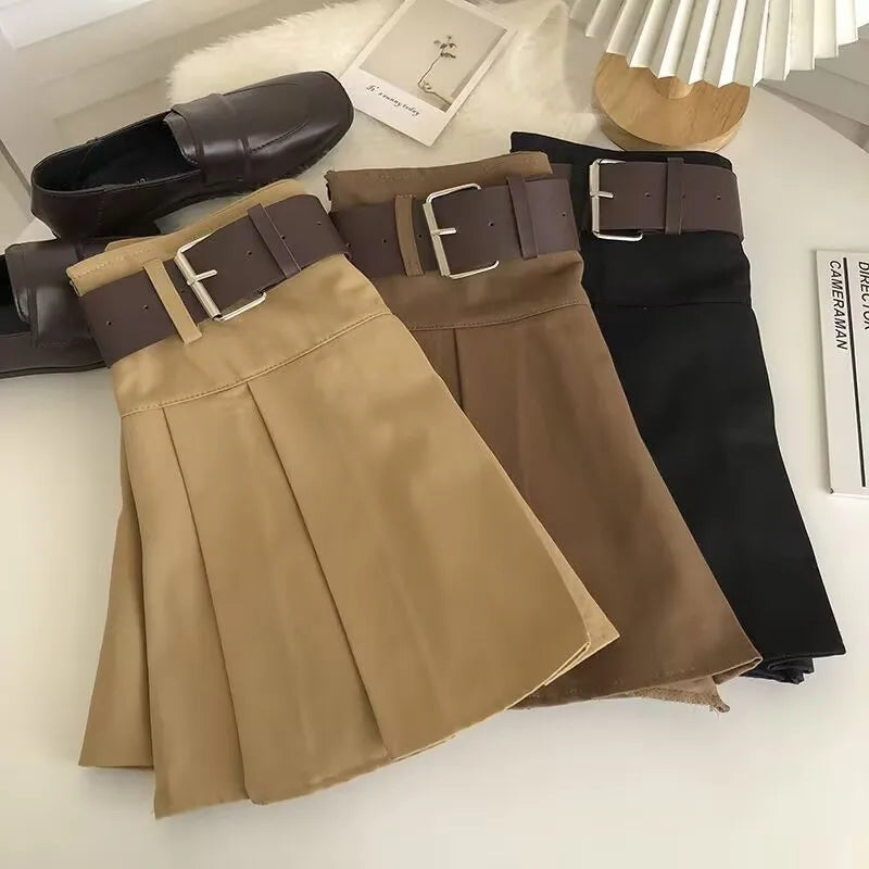 Faldas mini plisadas estilo Harajuku coreano para mujer, Lolita, lisas con cinturón, estilo preppy vintage, cintura alta, gótica, falda Y2k de verano
