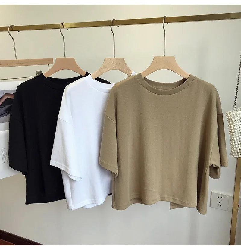 Backless Short O-Neck Solid Color T-Shirt
