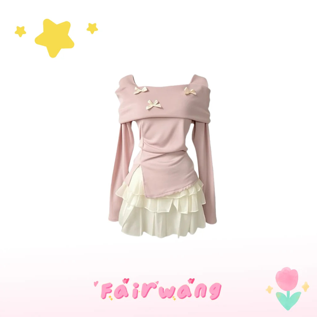 Conjunto de top de manga larga con lazo y falda de talle alto con vuelo