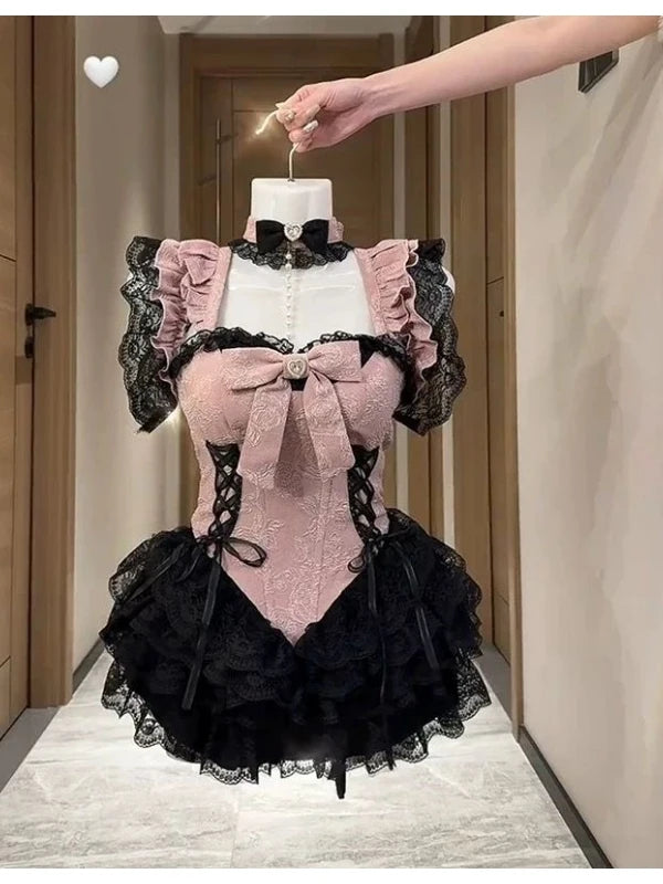 Embroidery Lace Splicing Waist Cinching Puffy Dress