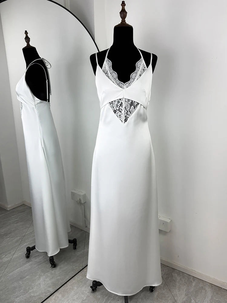 Lace Sleeveless Hollow Out Backless High-Waisted Patchwork Dress