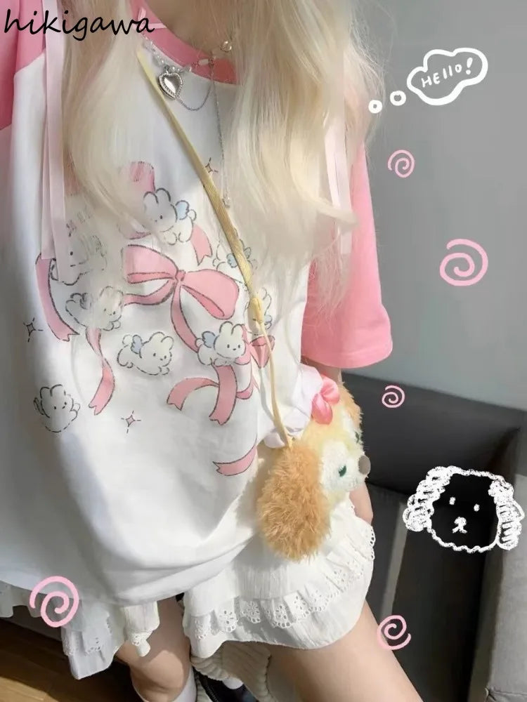 Camisetas Kawaii Rosadas para Mujer Estilo Japonés Y2k Dulces Camisetas de Dibujos Animados para Chicas Lindas de Lazo Estampado de Manga Corta Top de Verano Camiseta Oversize