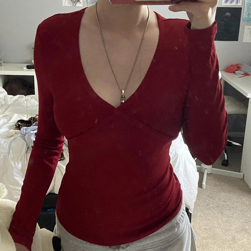 Ribbed Knitted Long Sleeve Slim Fit Tees