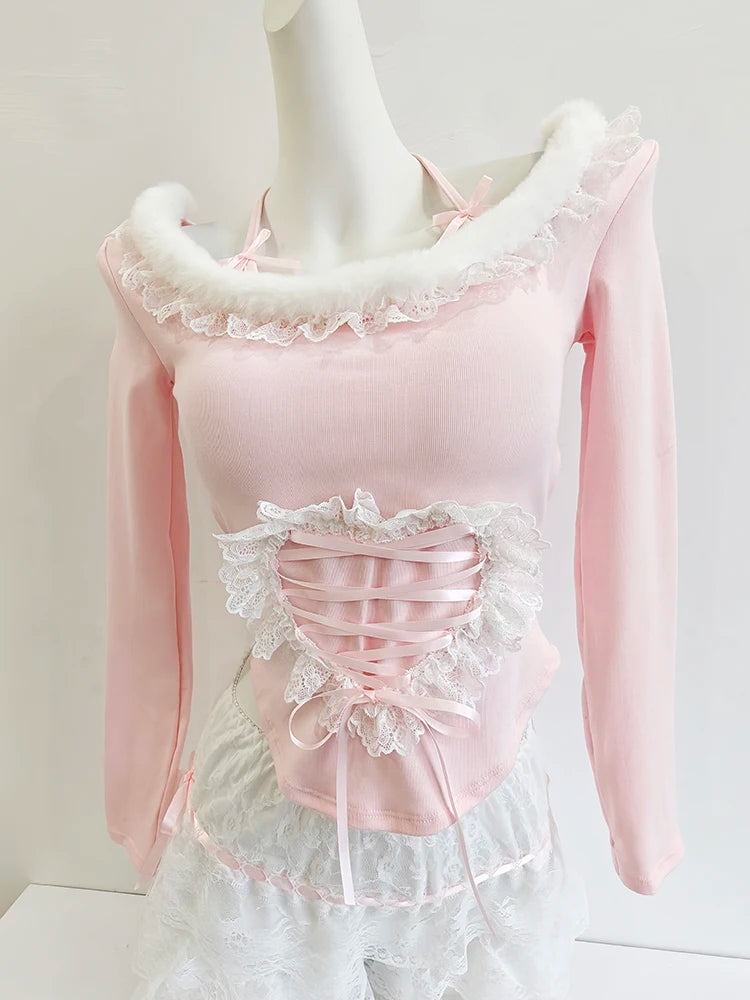 Halter Neck Long Sleeve Top with Lace Heart Patch & Bows