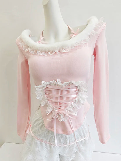 Halter Neck Long Sleeve Top with Lace Heart Patch & Bows