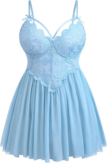 Lencería Babydoll de Tallas Grandes de Encaje para Mujer - Camisón de Malla Transparente con Abertura Lateral y Decoración de Lazo, Vestido de Dormir Sexy