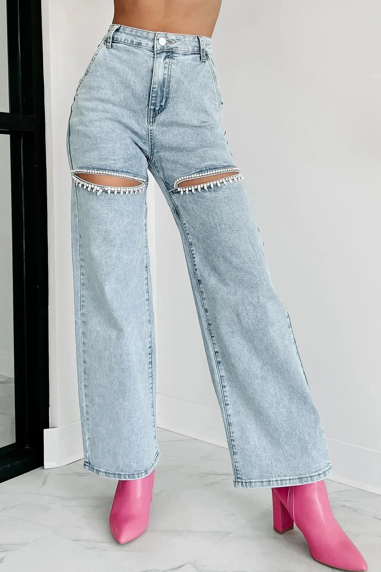 Pantalones Vaqueros de Mujer de Moda Cintura Alta Versátiles Casuales Perforados Rectos Jeans Femeninos Y2k Streetwear Primavera/Verano 2024