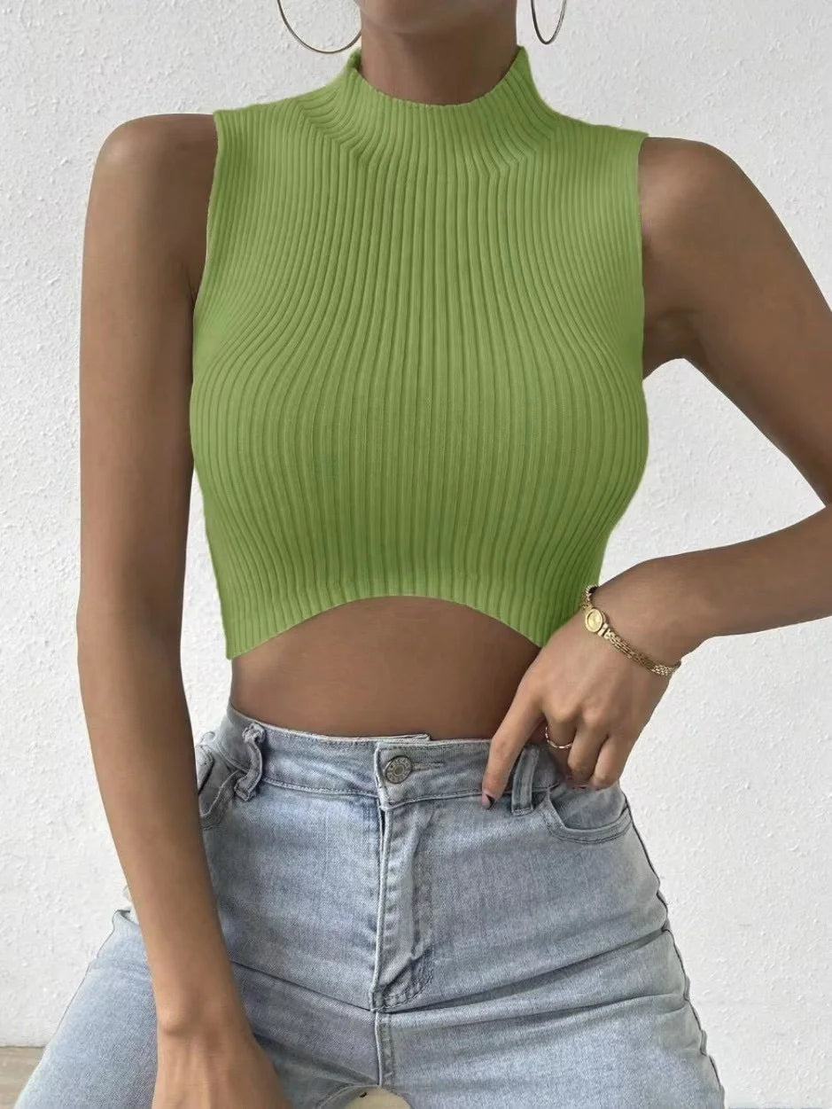 Top de punto acanalado sin mangas con cuello simulado