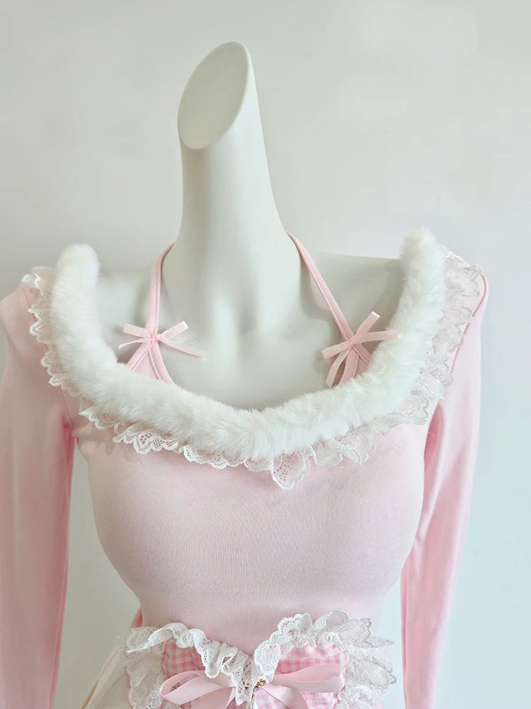 Halter Neck Long Sleeve Top with Lace Heart Patch & Bows
