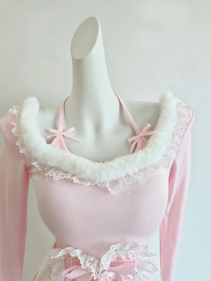 Halter Neck Long Sleeve Top with Lace Heart Patch & Bows