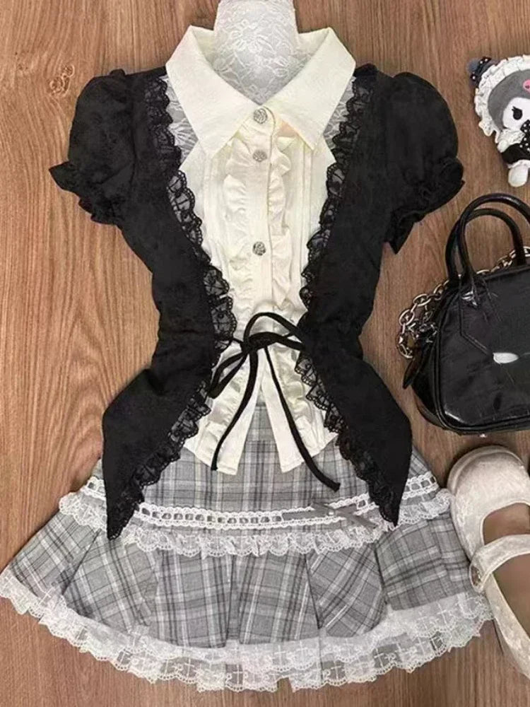 Top con lazo + Falda plisada de encaje