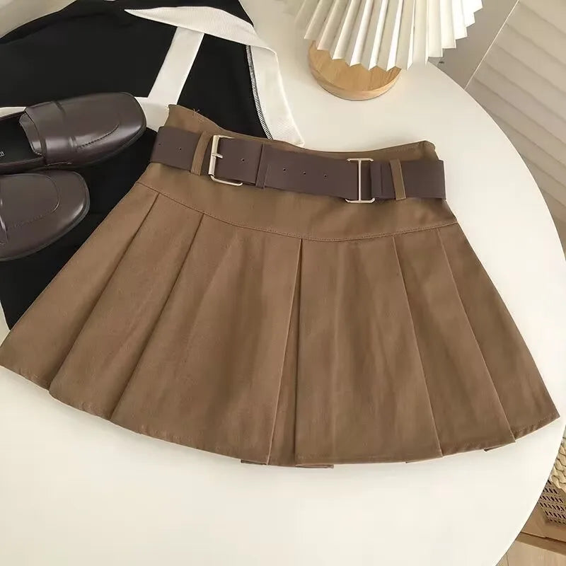 Faldas mini plisadas estilo Harajuku coreano para mujer, Lolita, lisas con cinturón, estilo preppy vintage, cintura alta, gótica, falda Y2k de verano