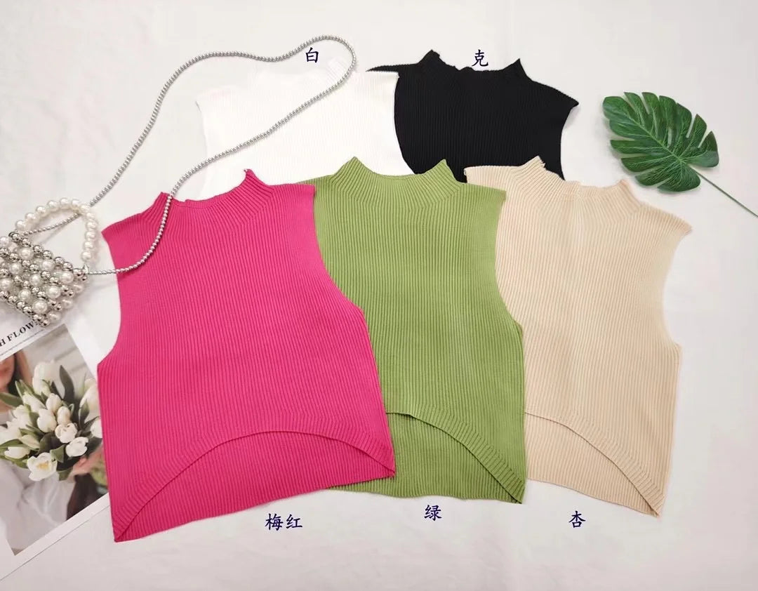 Top de punto acanalado sin mangas con cuello simulado