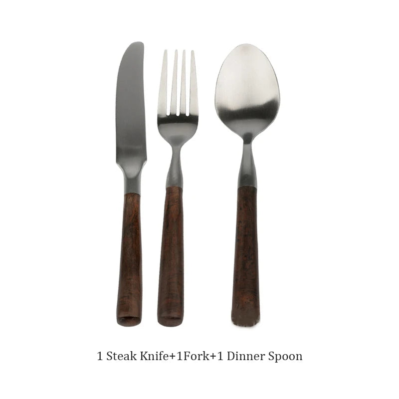 Retro Wooden Handle Dinner Knife Fork and Spoon Set