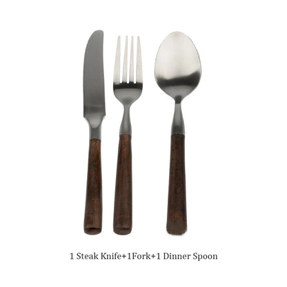 Retro Wooden Handle Dinner Knife Fork and Spoon Set