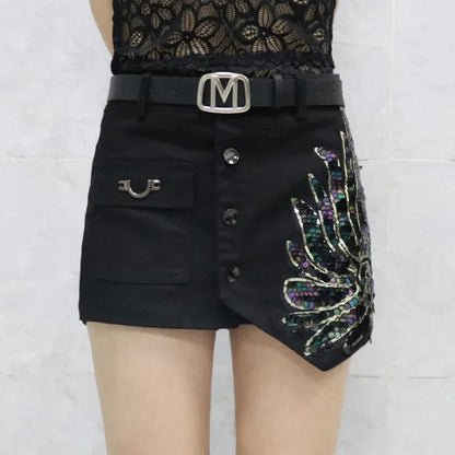 Sequin Denim Short Skirt