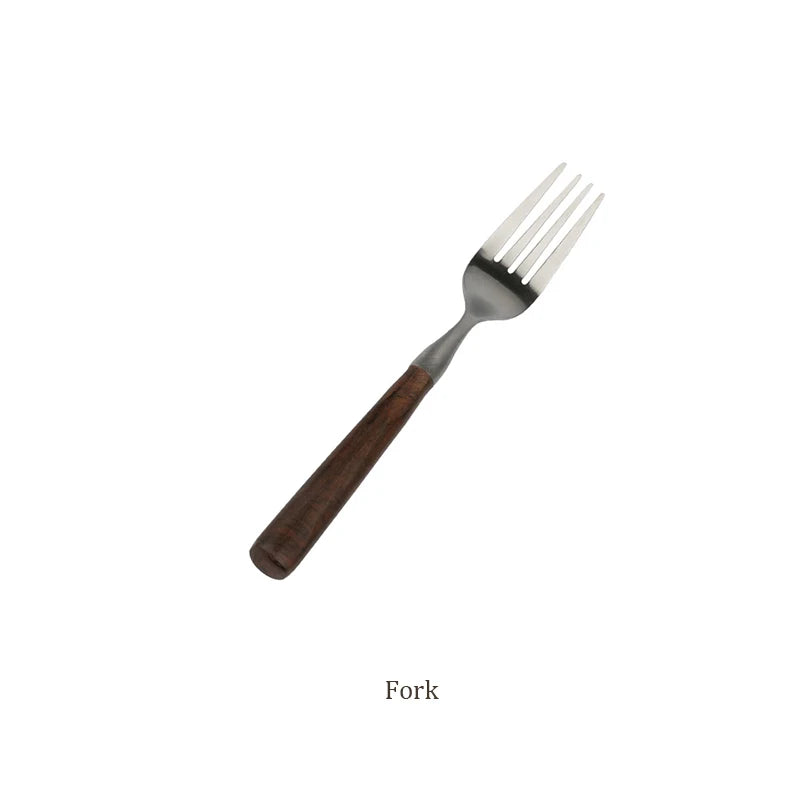 Retro Wooden Handle Dinner Knife Fork and Spoon Set