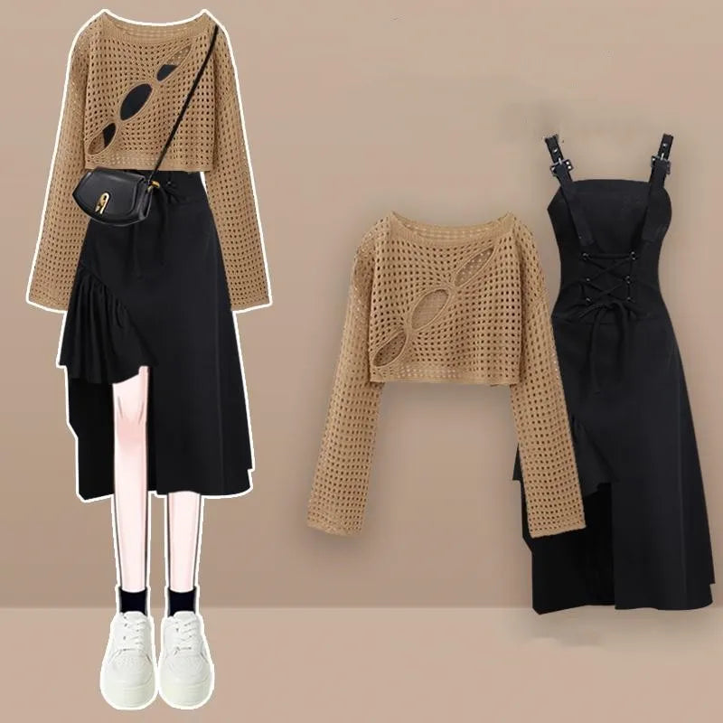Conjunto de Top de Manga Larga Calado + Falda Vaquera de Tirantes