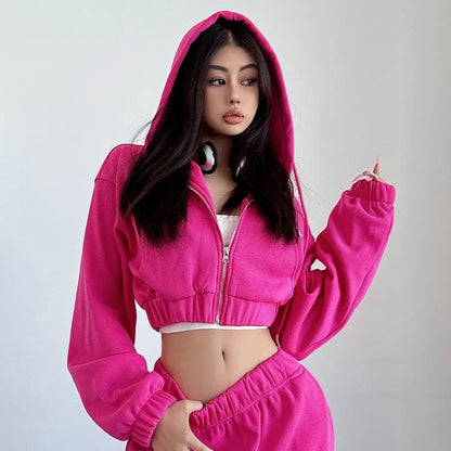 Short Zipper Sweatshirt Large Pocket Wide Leg Pants Set