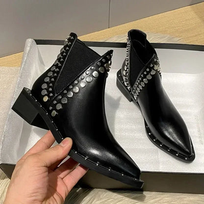 2025 Botines de Mujer Nuevos, Sexy, con Punta Fina, Estilo Punk, Decorados con Remaches, Botas de Caballero para Mujer, Botines Cortos Cálidos y a la Moda para Invierno