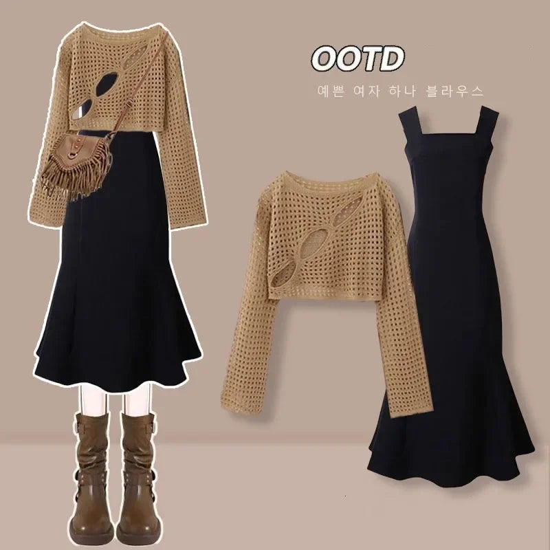 Conjunto de Top de Manga Larga Calado + Falda Vaquera de Tirantes