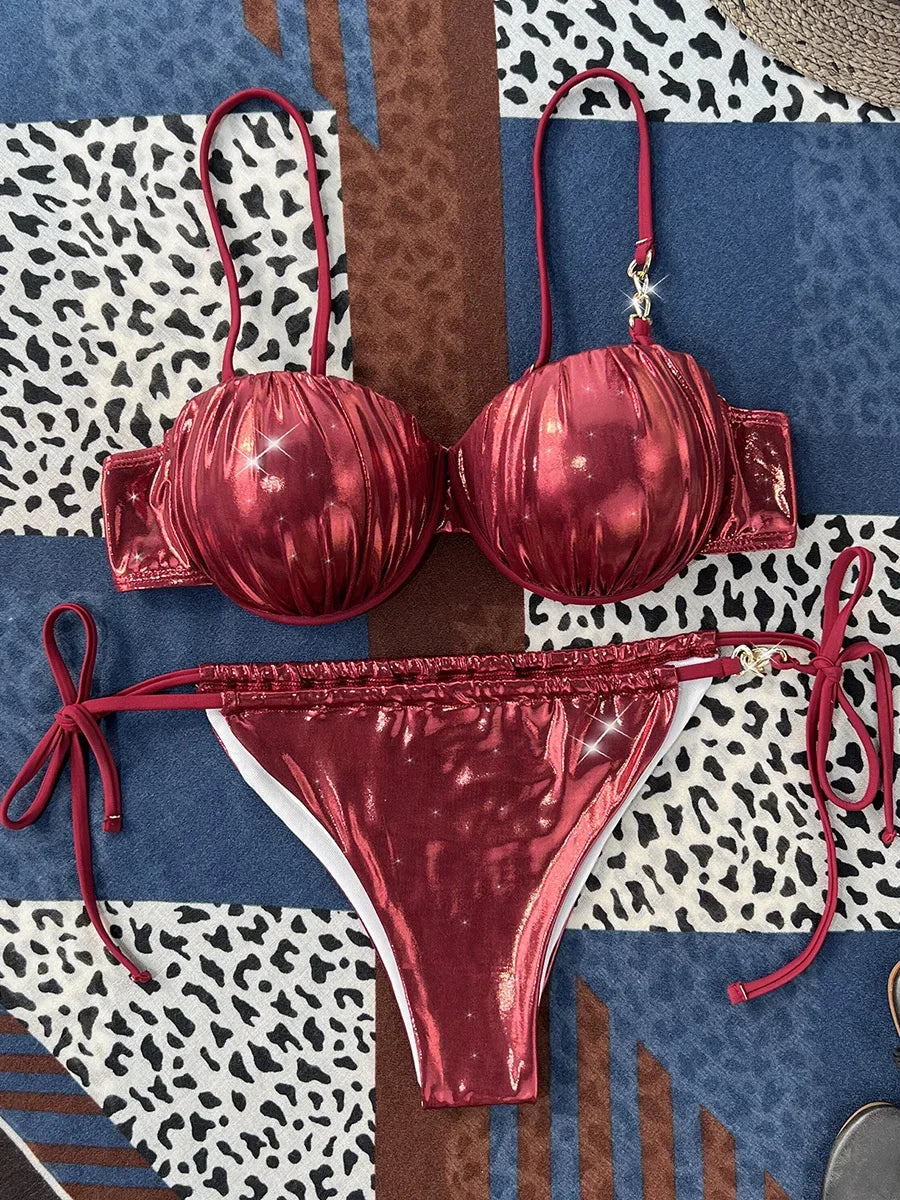 PU Leather Underwired Bra Bikini