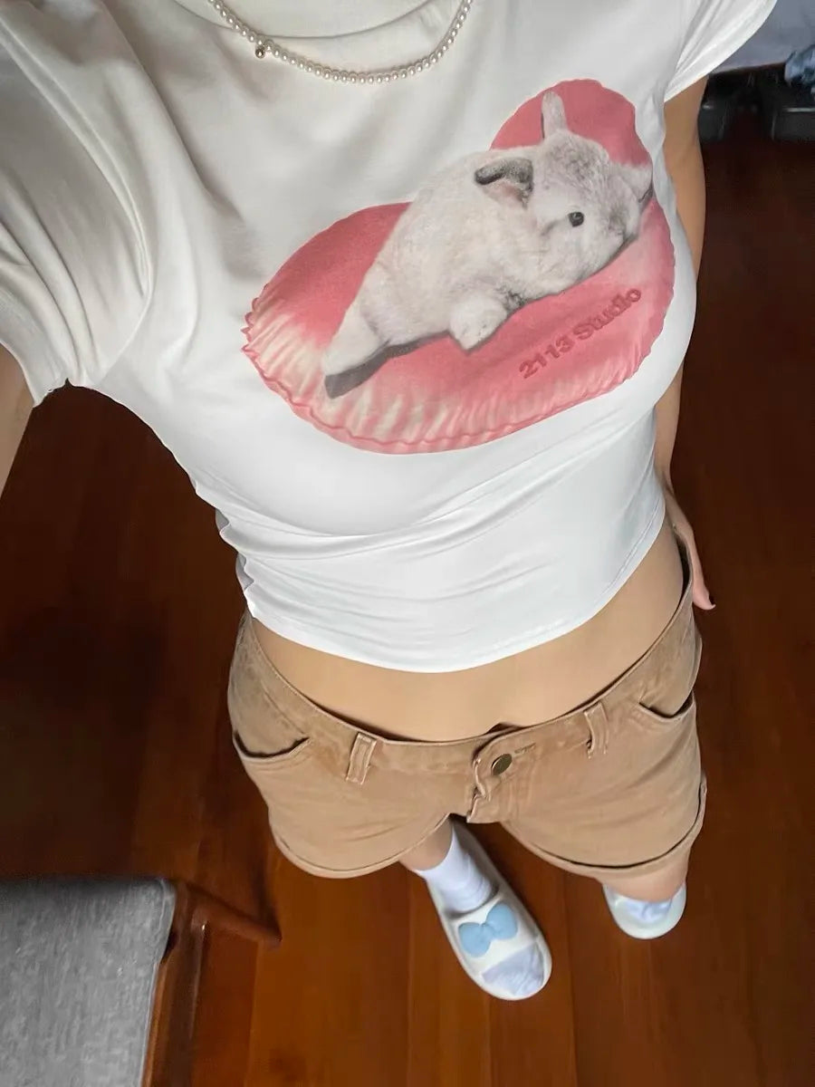[REコンテナ]Camiseta coreana de moda Y2k Crop Top con lindos estampados de gatos, camiseta Kawaii de manga corta para mujer, camisetas ajustadas