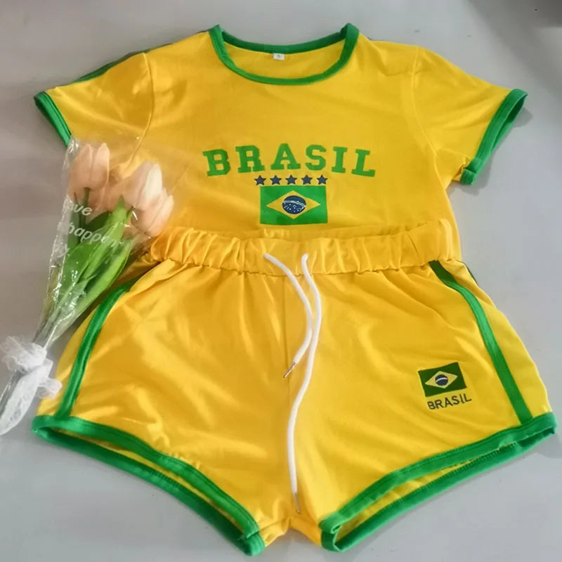 Short Sleeve T-Shirt + Drawstring Shorts Brazil Letter Print Set