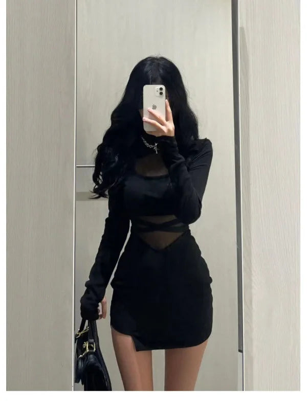 Mangas Abullonadas Nuevo Sexy Vestido Negro con Espina de Pescado Vestido Delgado Personalizado para Mujer Gasa Fina Transparente con Drapeado en los Glúteos F8Q3
