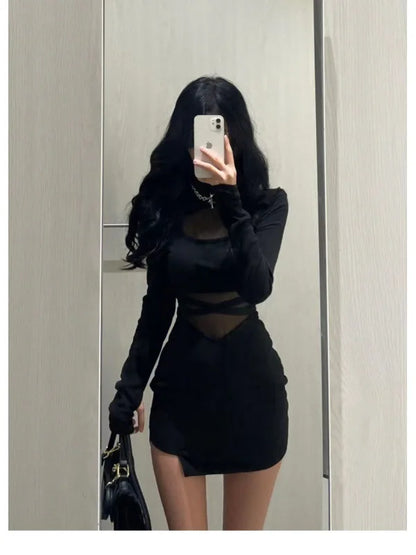 Mangas Abullonadas Nuevo Sexy Vestido Negro con Espina de Pescado Vestido Delgado Personalizado para Mujer Gasa Fina Transparente con Drapeado en los Glúteos F8Q3