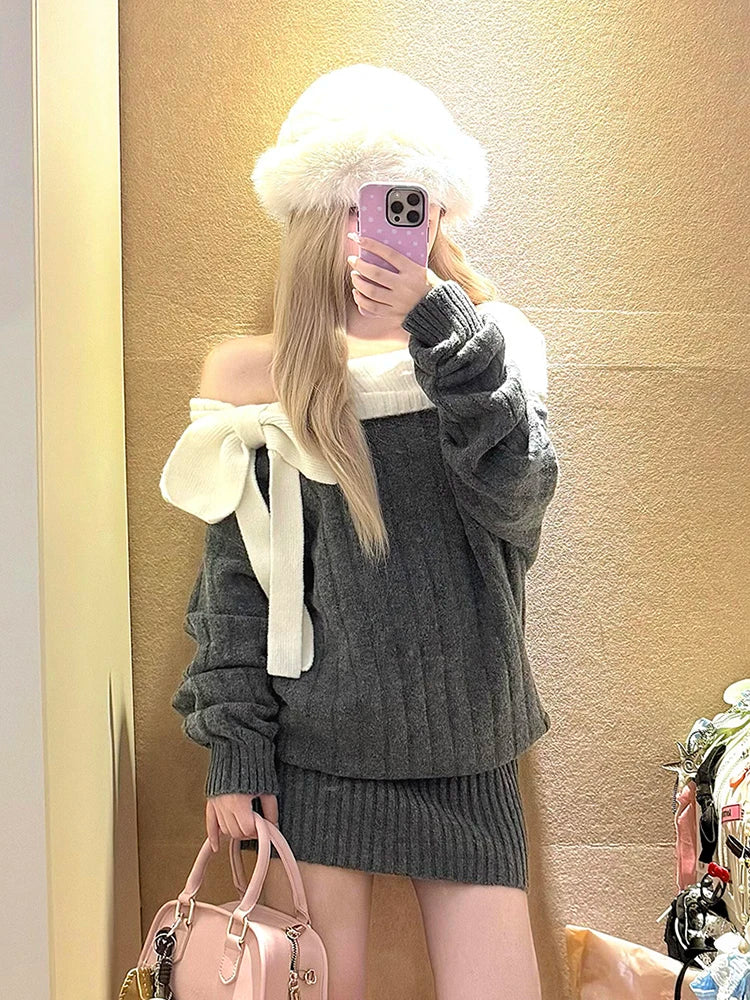 Sweet Bow Knitted Mini Dress